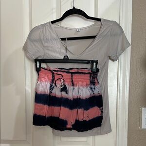 Set of Pink and Blue Tie-Dye Skirt with Gray V-Neck Top